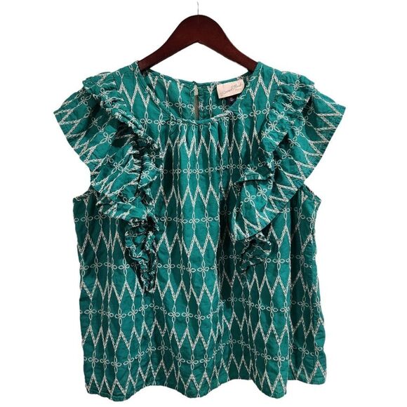 Universal Thread Flounce Embroidered Ruffle Blouse Green XXL Women's - Picture 2 of 6